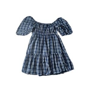 American Eagle Plaid Tiered Babydoll Mini Dress Puff Sleeve Womens XS Blue White